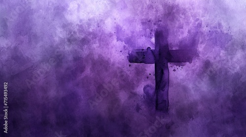 Ash Wednesday themed watercolor artwork showing a simple ash cross on a textured purple background, minimalist and evocative, hand-painted watercolor photo