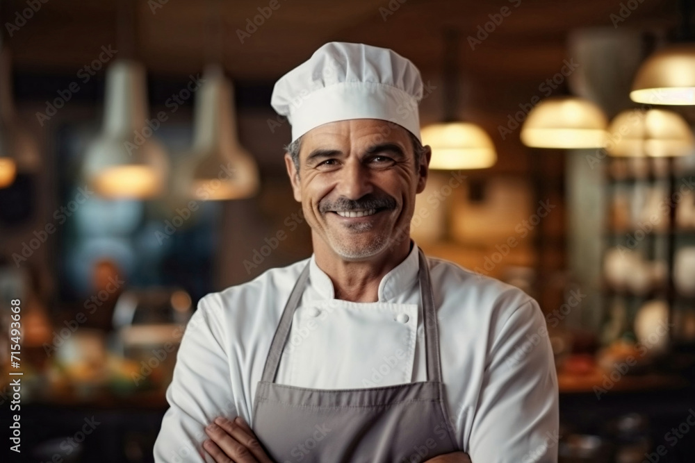 Smiling male chef stands against the background of the kitchen in a cafe