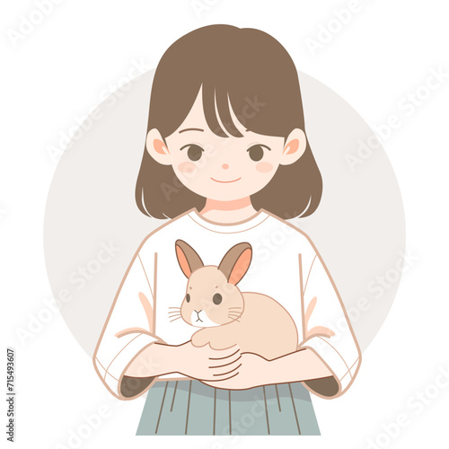Little girl holding pet rabbit. Vector illustration with white background. Smiling animall owner portrait.