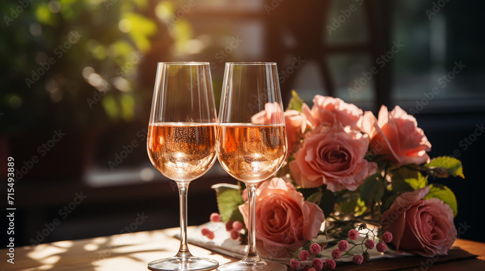 Rose wine tasting, glass of rose wine poured from bottle outdoors in garden party in vineyard, ripe grapes on wooden table, sunlight, harvest time, copy space - obrazy, fototapety, plakaty 