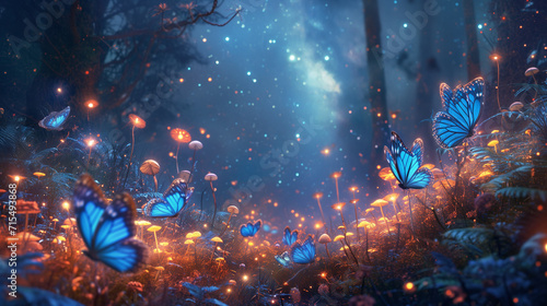 adventure, mushrooms, blue butterflies, forest, fantasy, imagination, night with milky way in the sky, psychedelic © gabriele