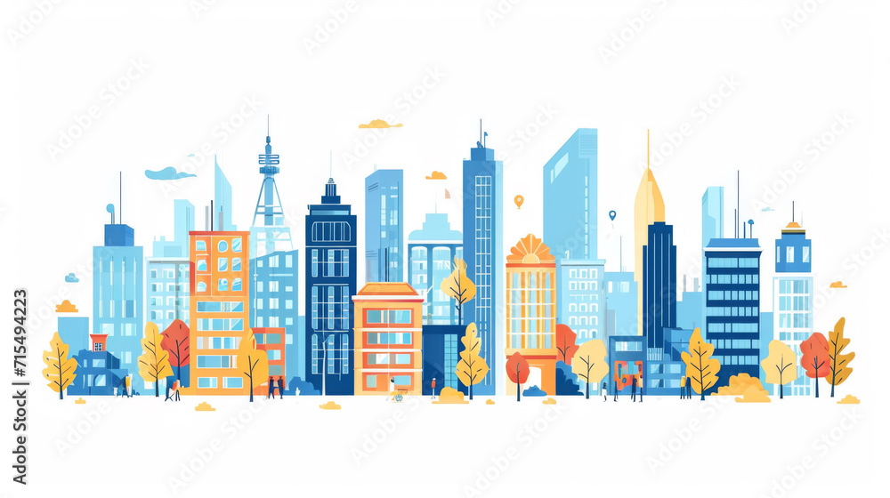 City landscape with buildings. Towers and buildings in modern flat style on white background.