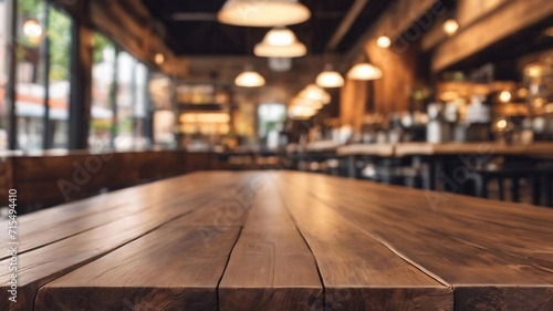 Empty wooden table space platform and blurred coffee shop where working and meeting place background for product display montage. selective focus.