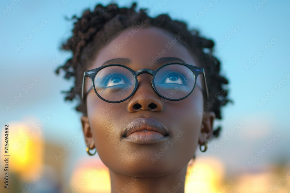 Afrikanische Frau mit Brille blickt nach oben Afrikanische Frau mit Brille blickt nach oben