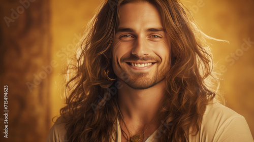 Handsome elegant sexy smiling Caucasian man with perfect skin and long hair, on a golden background, banner, close-up.