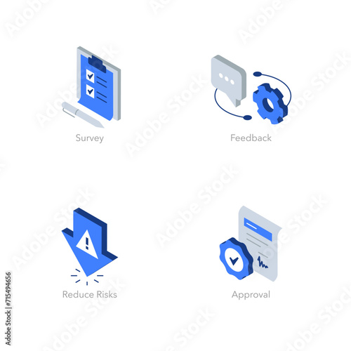 Simple set of isometric flat icons for business. Contains such symbols as Survey, Feedback, Reduce risks and Approval.