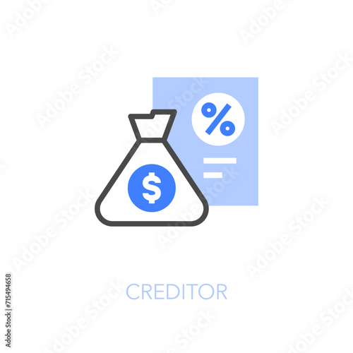 Simple visualised creditor icon symbol with a money bag and a debt document.