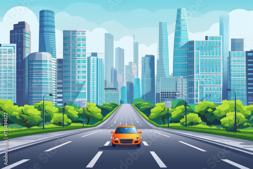 Light background with urban landscape. Car goes on the road to the city. 