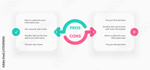Pros and cons diagram with place for your content. Simple flat template for positive and negative comparison.