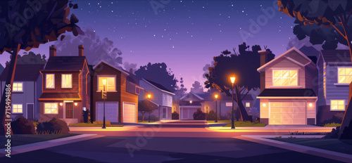Urban or suburban neighborhood at night houses with lights late evening or midnight. 
