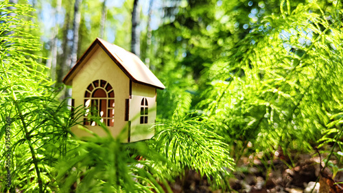 miniature toy house in grass close up, spring natural background. symbol of family. mortgage, construction, rental, property concept. Eco Friendly home. Blurred and selective focus