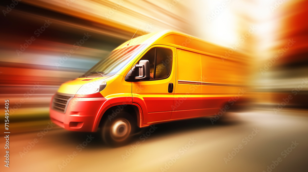 Naklejka premium Delivery van delivers fast in a city