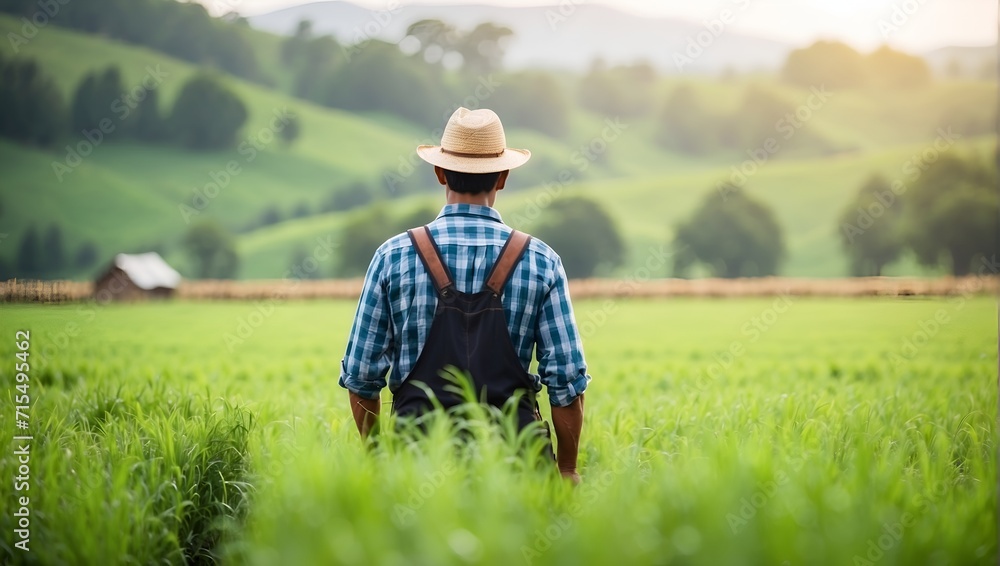 A farmer man in a lush green field with blurred bokeh background
