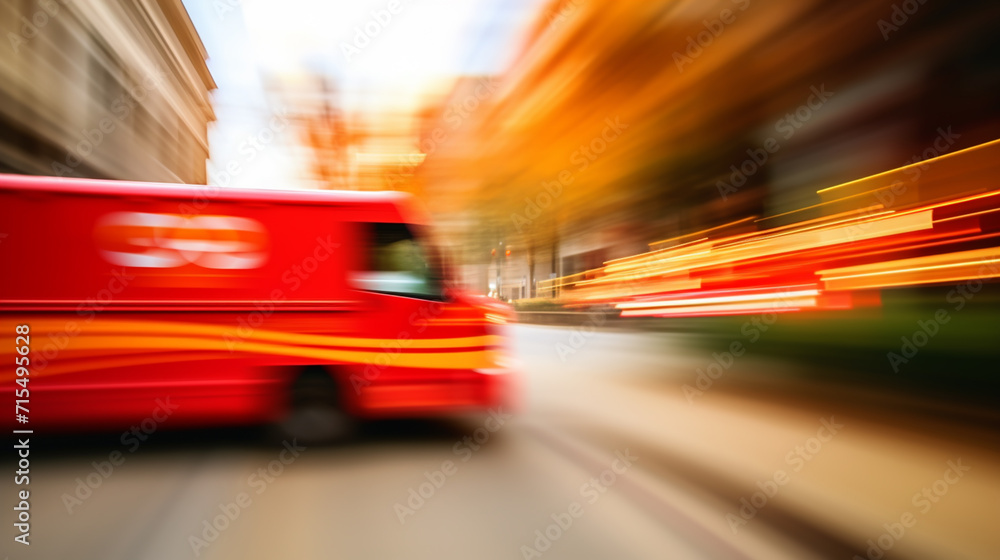 Delivery van delivers fast in a city Delivery van delivers fast in a city