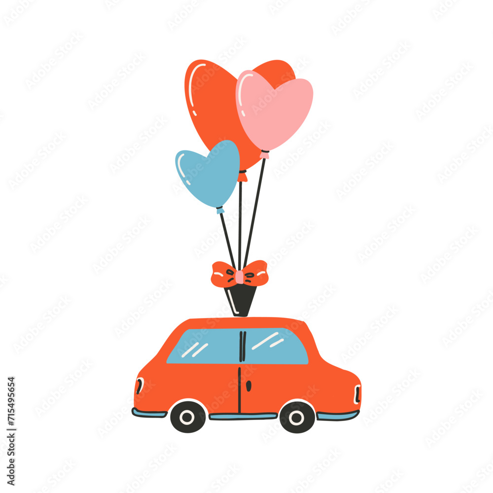 The yellow car that carries the balloons are tied with a bow. Symbol of love, romance. Design for Valentine's Day. The yellow car that carries the balloons are tied with a bow. Symbol of love, romance. Design for Valentine's Day.