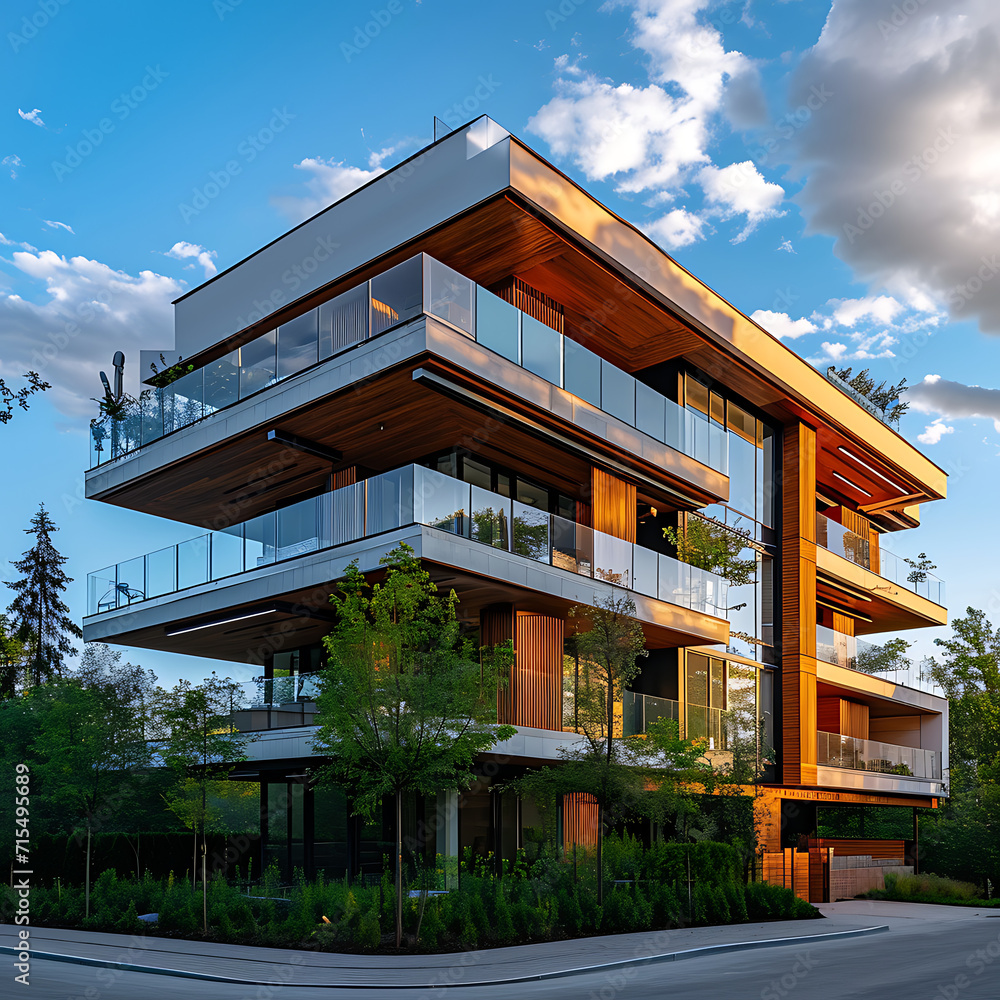 A sleek modern multi-story building stands out with its glass, wood and balcony design amid greenery in a residential neighborhood