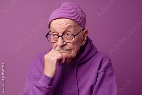 Elderly man wearing violet sporty hoodie with eyeglasses. Senior age style sportive. Generate Ai photo