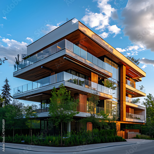 A sleek modern multi-story building stands out with its glass, wood and balcony design amid greenery in a residential neighborhood © Simo