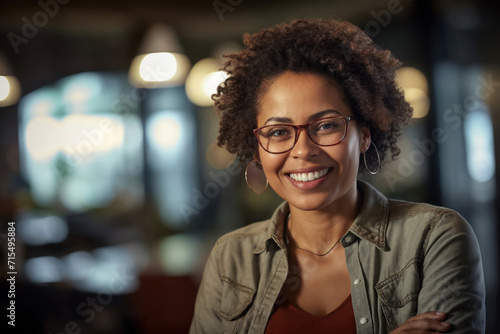 Smiling African American lady with curly hair and casual clothing standing in a cafe, radiating happiness and beauty