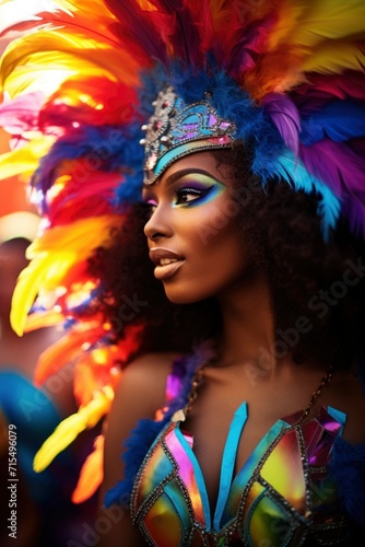 colorful carnival girl in feather costume. generative ai