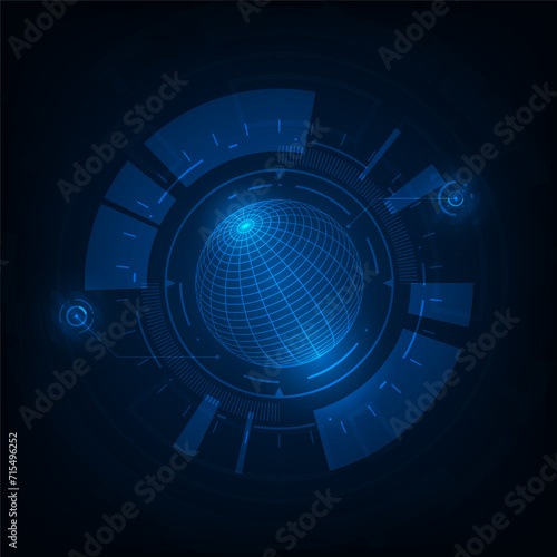Vector futuristic global connection network concept. Globe wireframe with tech circle on blue background.