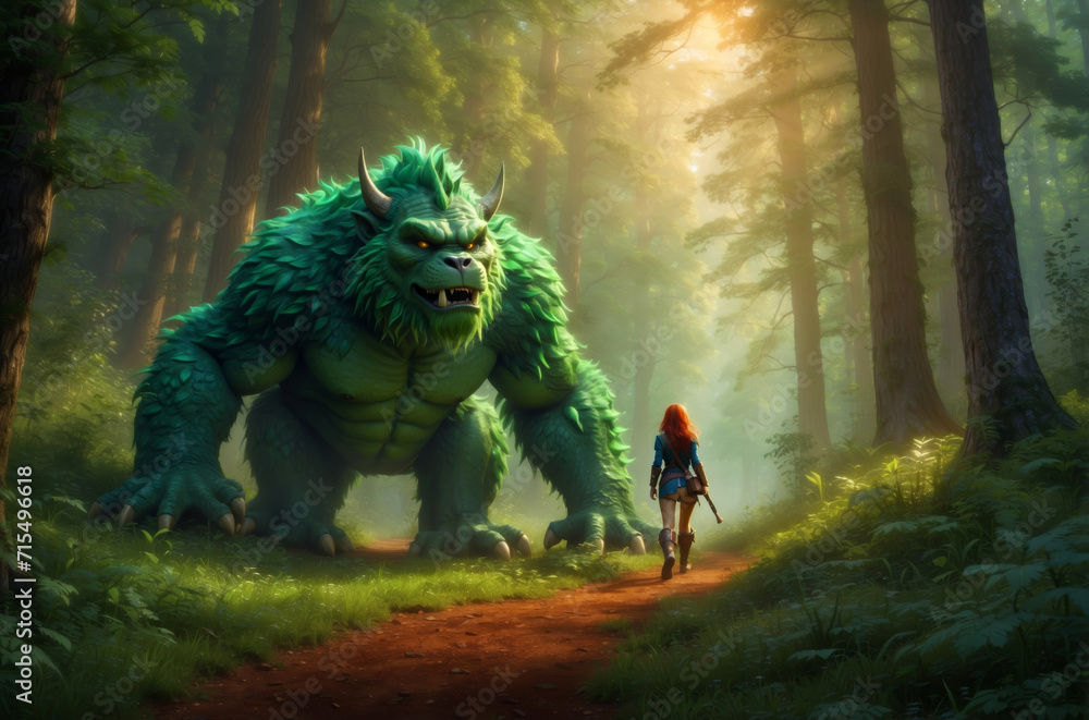 A big green hairy monster in the forest - obrazy, fototapety, plakaty 
