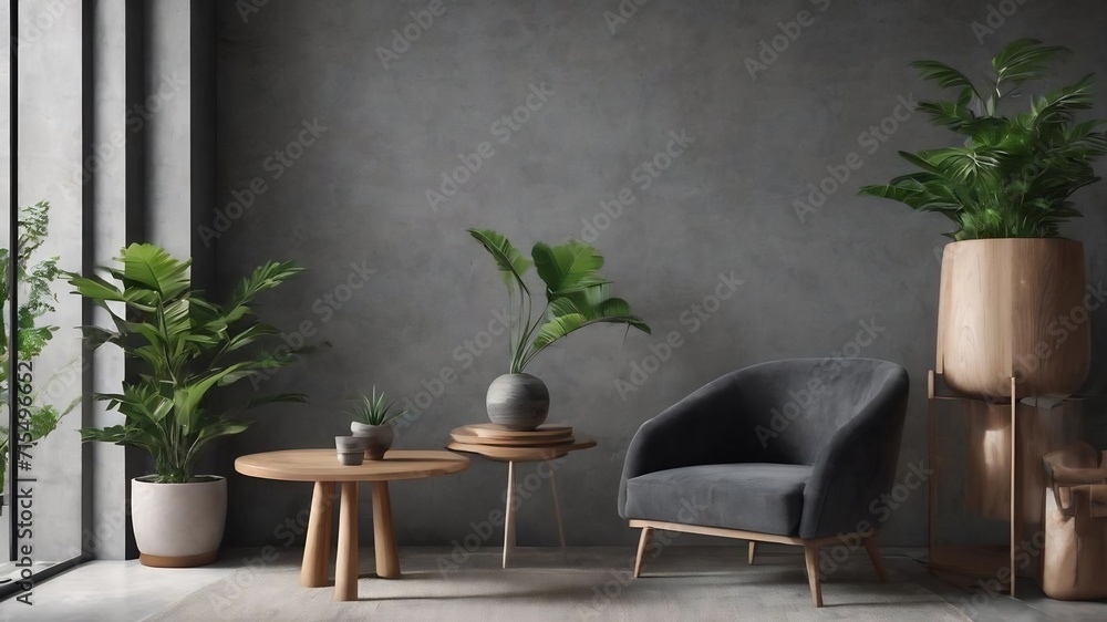 Dark grey armchair and a wooden table in living room interior with plant,concrete wall.3d rendering