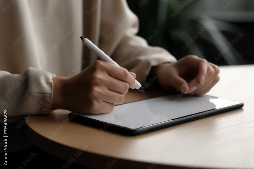 Faceless portrait woman working stylus at office desk. Person internet art pen. Generate Ai Faceless portrait woman working stylus at office desk. Person internet art pen. Generate Ai