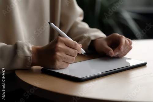 Faceless portrait woman working stylus at office desk. Person internet art pen. Generate Ai