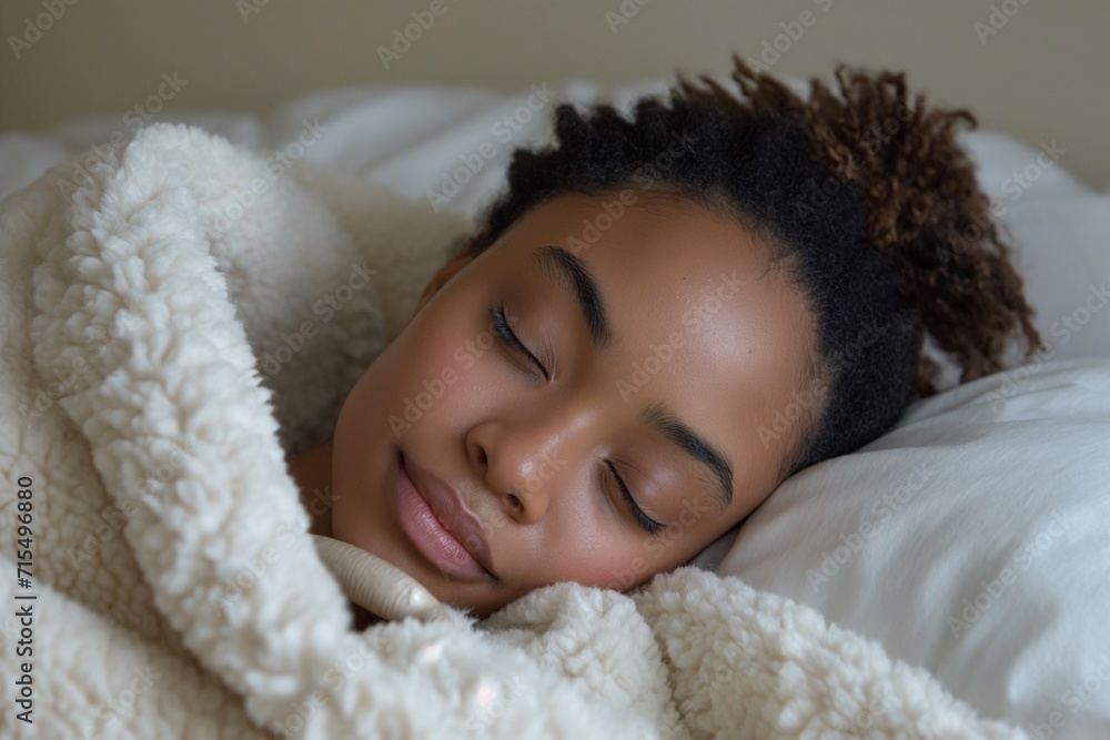 Woman peacefully sleeping in bed, enveloped by a luxurious white fluffy blanket, showcasing a contemporary DIY aesthetic with African influence Woman peacefully sleeping in bed, enveloped by a luxurious white fluffy blanket, showcasing a contemporary DIY aesthetic with African influence