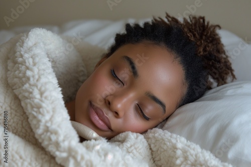Woman peacefully sleeping in bed, enveloped by a luxurious white fluffy blanket, showcasing a contemporary DIY aesthetic with African influence