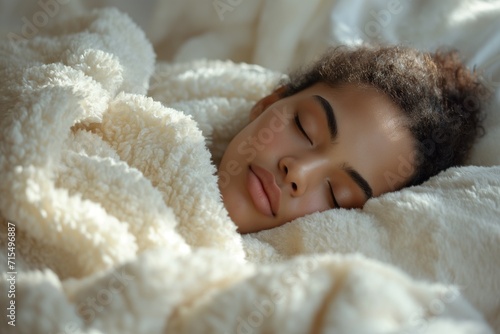 Woman peacefully sleeping in bed, enveloped by a luxurious white fluffy blanket, showcasing a contemporary DIY aesthetic with African influence