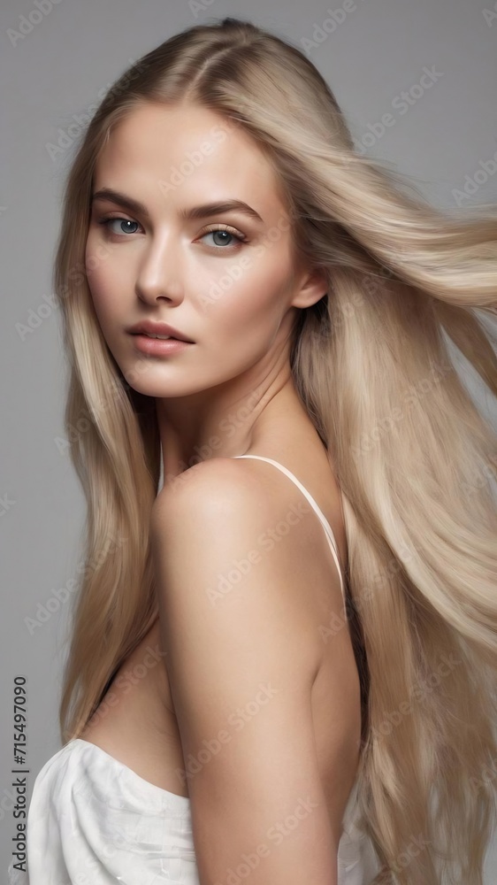 Fototapeta premium Beautiful model with long smooth, flying blonde hair isolated on white studio background. young caucasian model with well-kept skin and hair blowing on air.