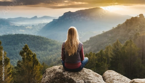 Woman sitting on a rock enjoying the view  mountains  travel  fog 