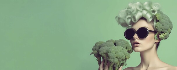 Fashion woman brunch broccoli head banner. Young food person face art. Generate Ai