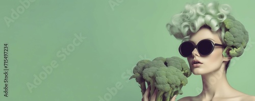 Fashion woman brunch broccoli head banner. Young food person face art. Generate Ai photo
