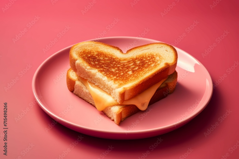 Grilled cheese sandwich shape heart on red plate. American lunch sesame product food. Generate Ai