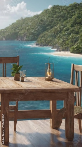 3d render of a wooden table looking out to tropical ocean