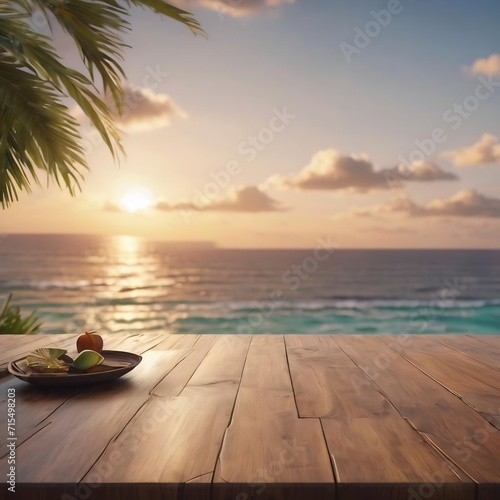 3d render of a wooden table looking out to tropical ocean © Wix