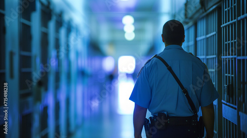 Photo of a guard patrolling a prison corridor