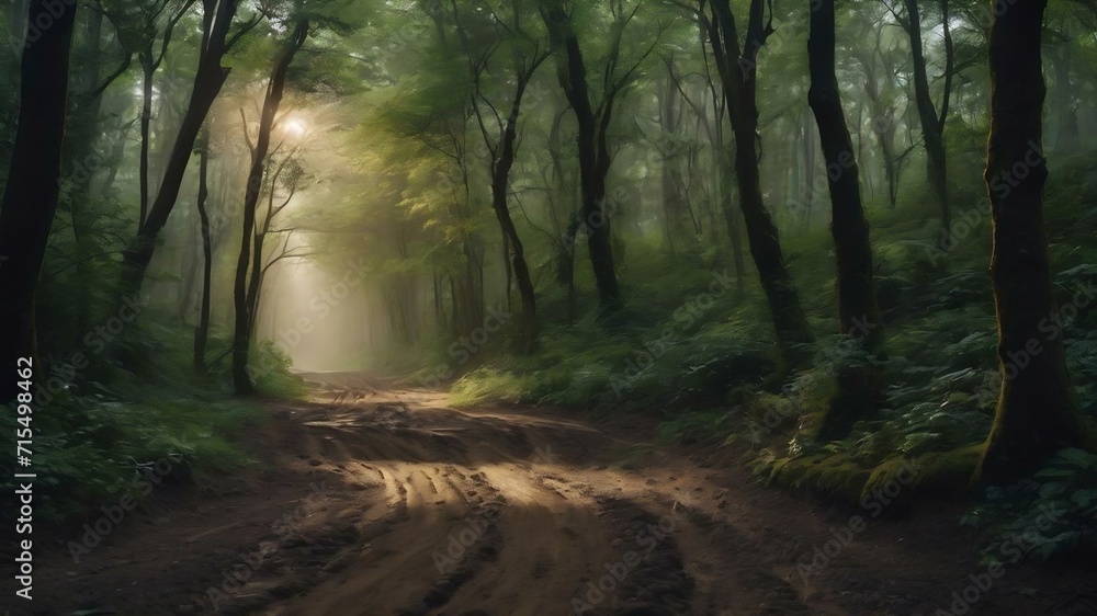 Fototapeta premium Curvy narrow muddy road in a dark forest surrounded by greenery and a little light coming from above