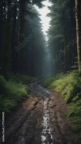 Curvy narrow muddy road in a dark forest surrounded by greenery and a little light coming from above
