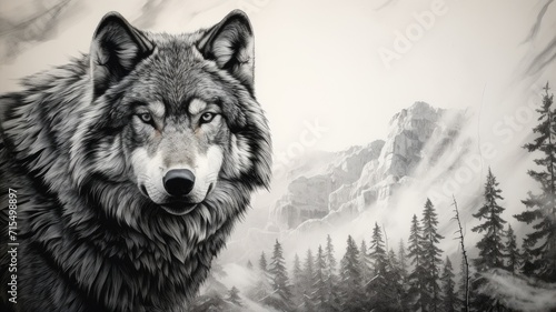 a wolf's face overlaid with forest trees, mountains, and a full moon in the sky, a photo-realistic graphite pencil and charcoal design with dynamic lighting against a white background.