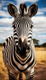 Majestic zebra in savanna with black and white stripes blending harmoniously with the grassland