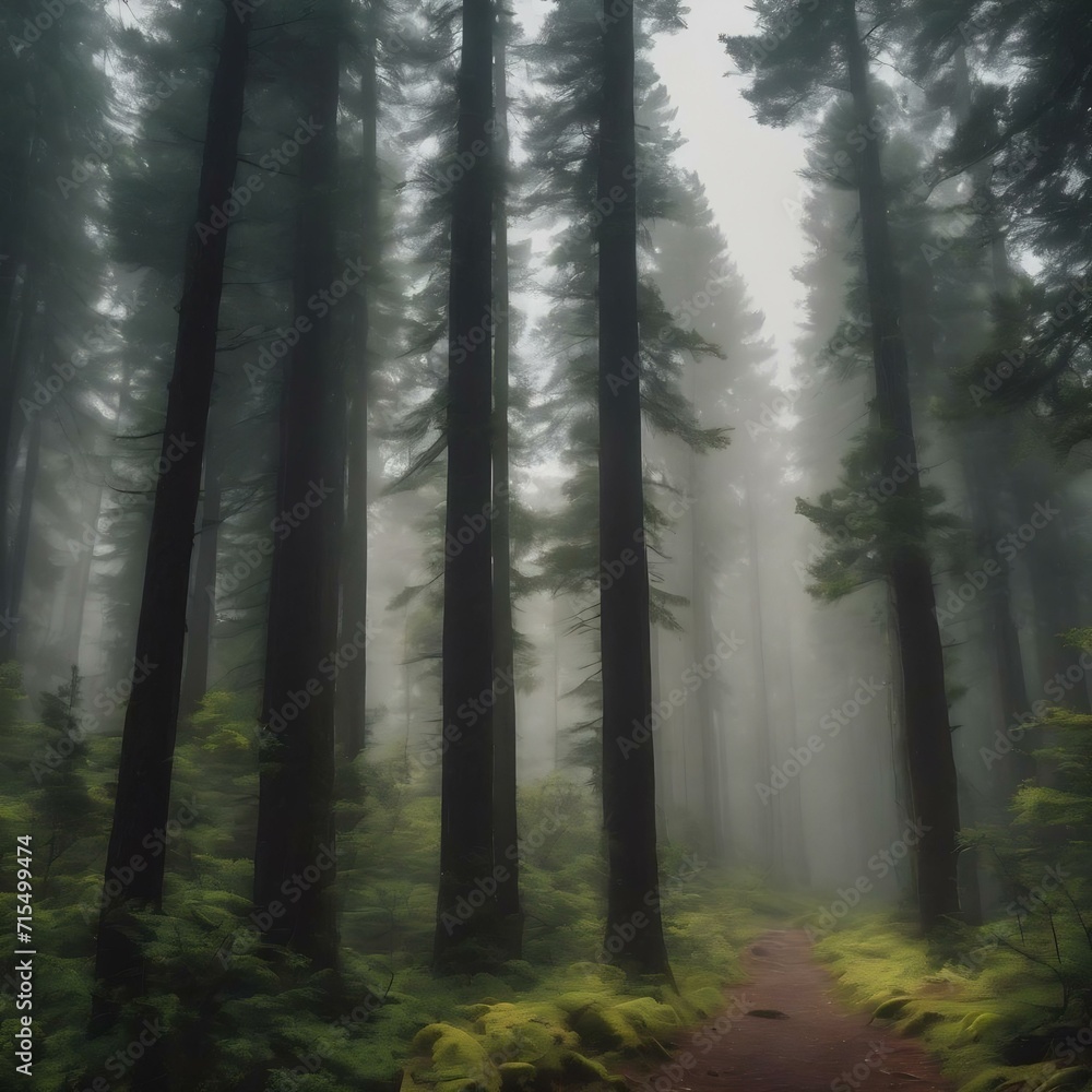 Fototapeta premium Tall trees in the forest in the mountains covered with the fog