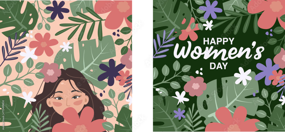 Fototapeta premium Happy Women's Day Greeting Card with Flowers and Leaves, 2 pc,Vector illustration of two pieces, flat style, young girl in flowers and tropical leaves.