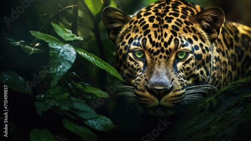 epic trees from a ground-level view in the Brazilian Rainforest  with an enchanting leaf cover and the inclusion of a Jaguar resting on a branch  showcasing the shiny realism of the big cat s eyes.