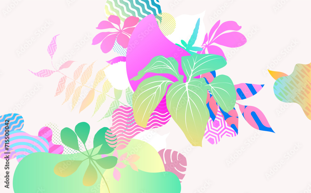 Bright flat botanic background. Abstract composition of color plants and fluid decoration shapes.