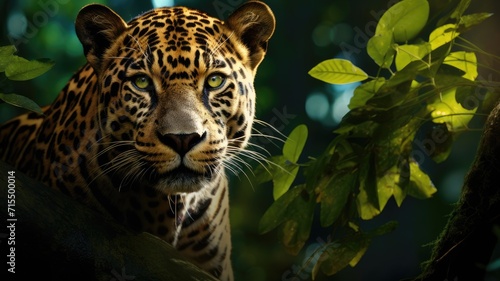 epic trees from a ground-level view in the Brazilian Rainforest  with an enchanting leaf cover and the inclusion of a Jaguar resting on a branch  showcasing the shiny realism of the big cat s eyes.