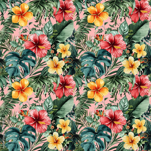 watercolor seamless pattern green tropical leaves and flowers on pink background